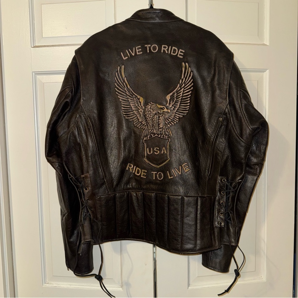 EUC Xelement Dark Brown Leather Biker Field Jacket Ride to Live, Live to Ride